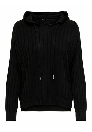 Sweat à capuche noir en maille côtelée avec manches longues, cordons devant et un ourlet arrière un peu plus long.