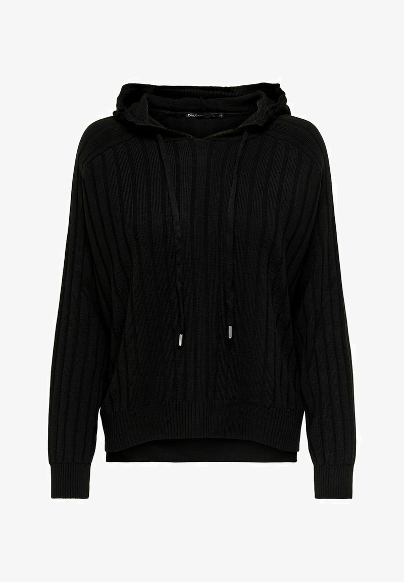 Sweat à capuche noir en maille côtelée avec manches longues, cordons devant et un ourlet arrière un peu plus long.