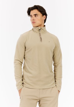 Beige Fleece-Pullover mit einem Halbzip-Kragen, der eine strukturierte Oberfläche und dezente Logodetails aufweist. Lange Ärmel und normale Passform.