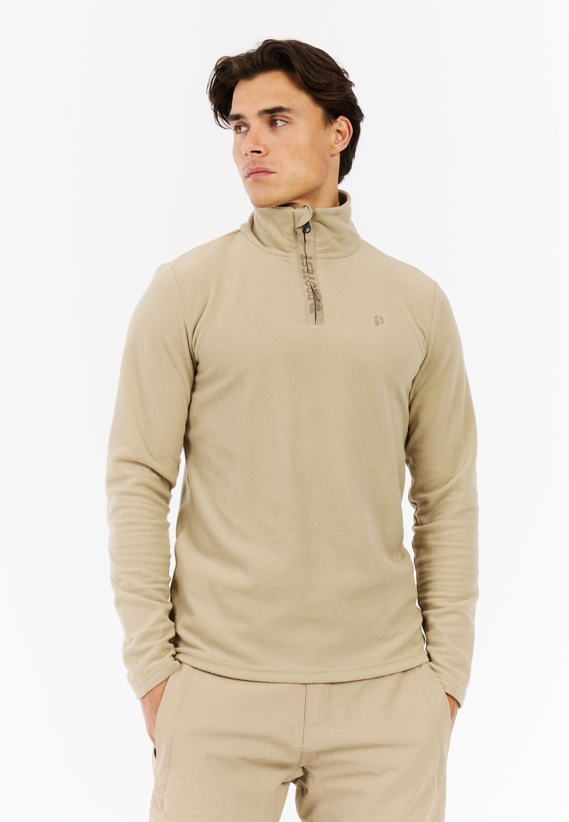 Beige fleece sweatshirt med halvlukket krave, med en tekstureret overflade og diskret logo detalje. Lange ærmer og normal pasform.