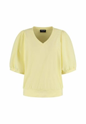 Lichtgele blouse met V-hals, geplooide korte mouwen en aansluitende tailleband, gelabeld "Lady Day" maat small.
