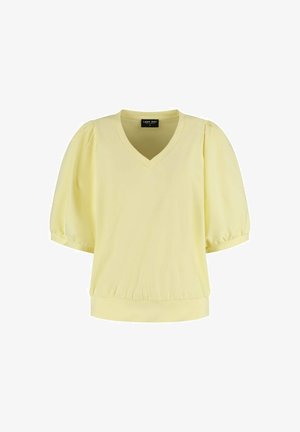 Lichtgele blouse met V-hals, geplooide korte mouwen en aansluitende tailleband, gelabeld "Lady Day" maat small.