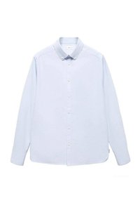 Lichtblauw langemouw overhemd met knoopsluiting, collared halslijn, witte knopen en een gebogen zoom. Gemaakt van een gladde stof.