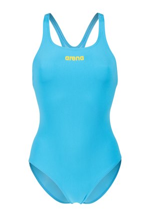 Blauwe eendelige badpak met een gladde textuur, voorzien van een geel "arena" logo aan de voorkant en dubbele schouderbanden.
