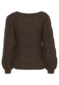 Brown knit sweater with a textured chevron pattern, wide boat neckline, and balloon sleeves. Ribbed cuffs and hem.