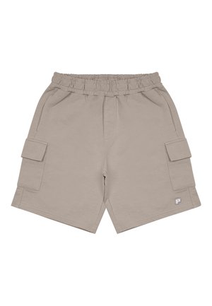 Beige cargo rövidnadrág, puha anyagból, rugalmas derékkal, két nagy hajtókás zsebbel és egy kis logó címkével az alján.