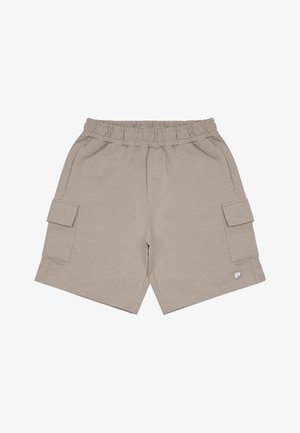 Beige cargo rövidnadrág, puha anyagból, rugalmas derékkal, két nagy hajtókás zsebbel és egy kis logó címkével az alján.