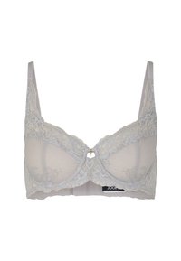 Soutien-gorge en dentelle gris clair avec des bonnets transparents, un détail décoratif central en matériel et des bretelles réglables. Bordure en dentelle sur les bords.