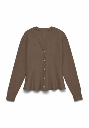 Cardigan marron à manches longues avec boutons, col en V et poignets côtelés, disposé à plat sur un fond blanc.