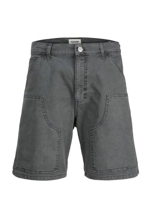 Σκούρα γκρι σορτς από τζιν με μεγάλες τσέπες εμπρός, θηλιές για ζώνη και κλείσιμο με μεταλλικό κουμπί.