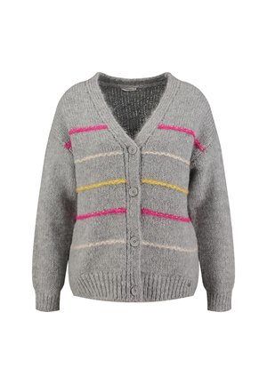 Grijze cardigan van gebreide stof, met kleurrijke horizontale strepen in roze, geel en crème. V-hals met knoopsluiting.
