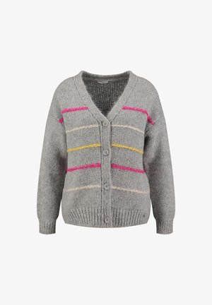 Grau gestrickte Strickjacke mit bunten horizontalen Streifen in Pink, Gelb und Creme. V-Ausschnitt mit Knopfverschluss.