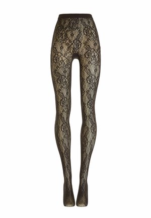 Zwarte panty met kanten patroon en bloemmotief op doorschijnende stof, afgebeeld tegen een witte achtergrond.