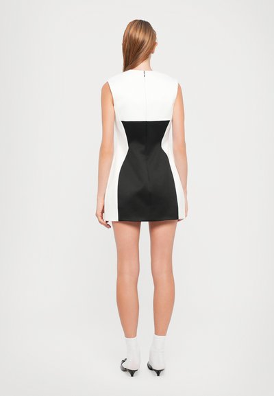 Korte zwart-witte jurk met een aansluitend ontwerp, met een mouwloos design, waarbij het een zwart middenpaneel en witte zijkanten heeft. Achterzijde met zichtbaar ritssluiting.