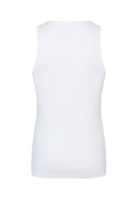 Witte mouwloze top met een ribbeltextuur, voorzien van een ronde halslijn en eenvoudige, strakke lijnen. Geen zichtbare logo's of patronen.