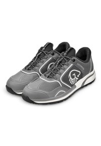 Gray athletic shoes with a mesh upper, rubber sole, and contrasting white accents. Features a logo on the side and elastic laces for support.