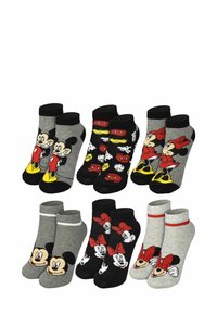 Set di calzini per bambini con personaggi dei cartoni animati. Presenta colori grigio, nero e rosso, materiale in cotone, vari design con Topolino e Minnie.