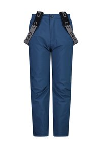 Pantalones de nieve azules, impermeables, con tirantes ajustables negros, cierre de botón y un acabado suave y texturizado para brindar calidez y protección.