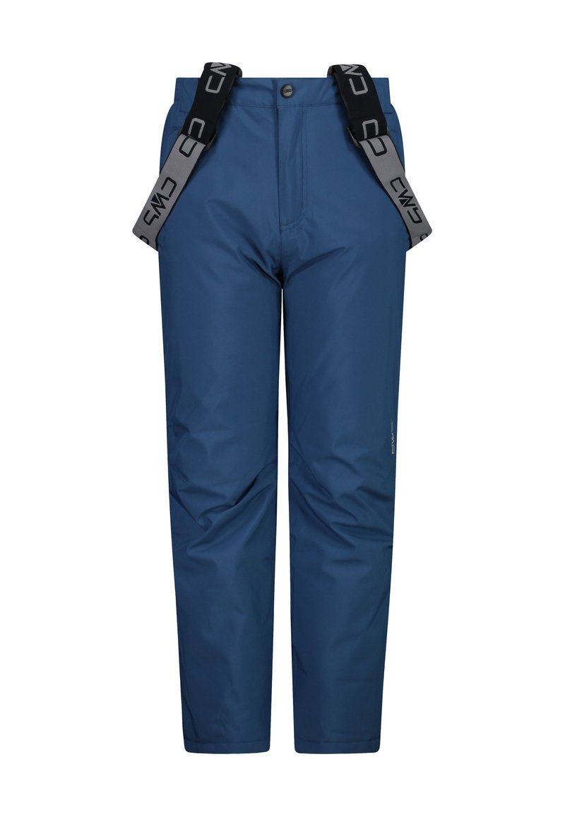 Pantalones de nieve azules, impermeables, con tirantes ajustables negros, cierre de botón y un acabado suave y texturizado para brindar calidez y protección.