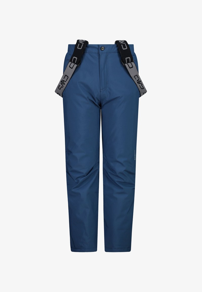 Pantalones de nieve azules, impermeables, con tirantes ajustables negros, cierre de botón y un acabado suave y texturizado para brindar calidez y protección.