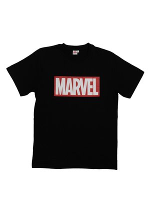 T-shirt in cotone nero con un bold logo "MARVEL" rosso e bianco centrato sul davanti. Collo tondo classico e maniche corte.