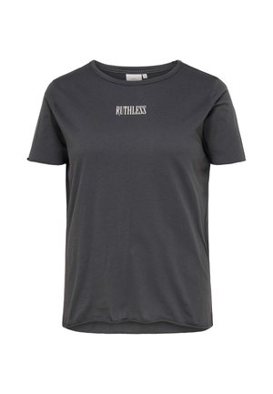 Temno siva kratka majica s kratkimi rokavi in okrolim ovratnikom, z belim napisom "RUTHLESS" na sredini prsnega koša.
