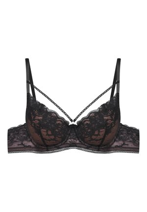 Black lace bra with intricate floral patterns, sheer underlay, adjustable straps, and a decorative chain detail between cups.