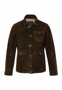 Chaqueta de ante marrón con cierre de botones en el frente, cuello y dos bolsillos frontales. Detalles notables incluyen herrajes de botón en contraste y costuras.