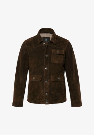 Brown suede jacket featuring a button-up front, collar, and two front pockets. Notable details include contrasting button hardware and stitching.