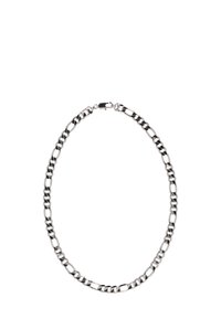 Sølv kædehalssmykke med sammenflettede led, der har en poleret overflade og en sikker lås. Leddene varierer i form og størrelse, hvilket skaber et struktureret udseende.