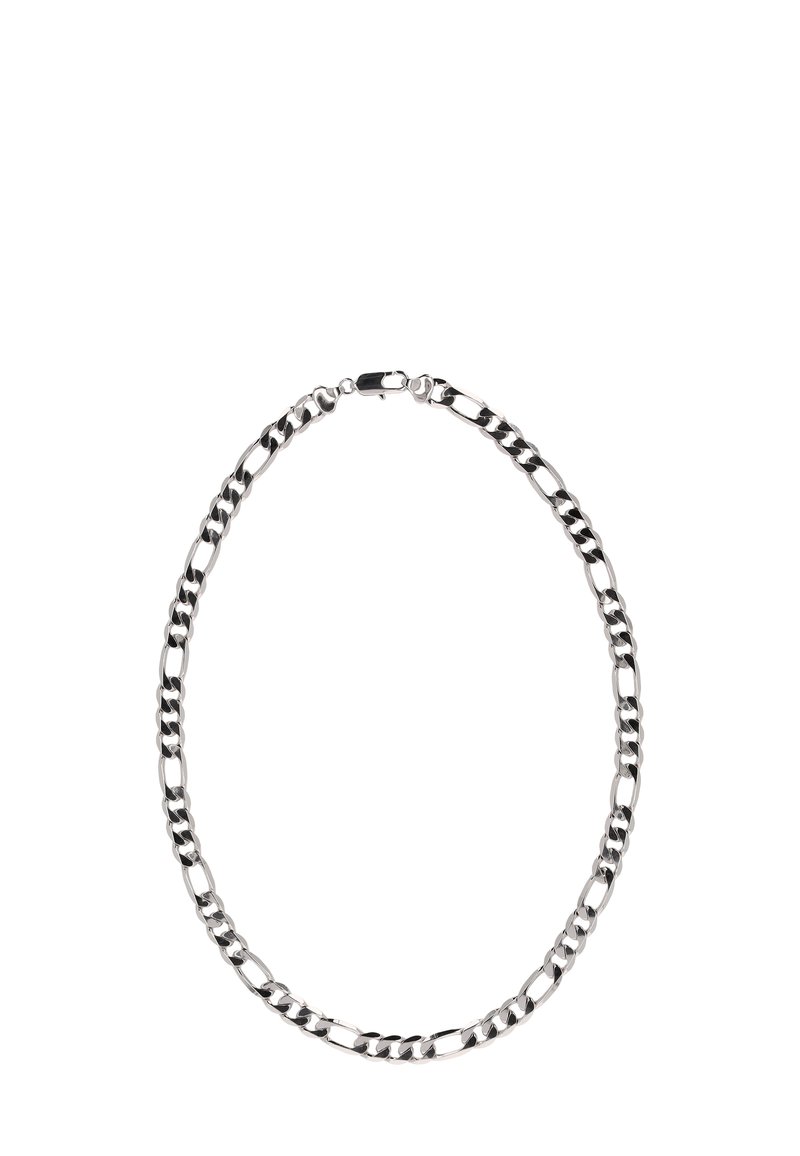 Sølv kædehalssmykke med sammenflettede led, der har en poleret overflade og en sikker lås. Leddene varierer i form og størrelse, hvilket skaber et struktureret udseende.