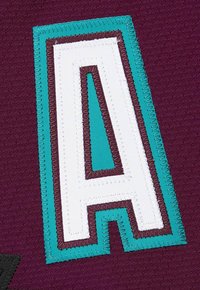 Grande lettera maiuscola "A" con centro bianco, bordo interno marrone e bordo esterno turchese cucita su un tessuto viola.