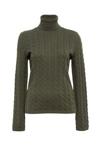 Olivgrüner, gestrickter Rollkragenpullover mit strukturiertem Zopfmuster, langen Ärmeln sowie gerippten Bündchen und Saum.