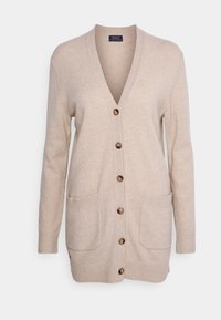 Beige knitted cardigan with a V-neck, front button closure, two front pockets, and ribbed cuffs. Features brown buttons and a classic design.
