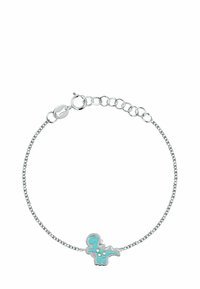 Bracciale in argento con un ciondolo a forma di dinosauro turchese, caratterizzato da accenti rosa e dettagli circolari, che mette in risalto un design giocoso.