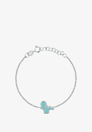 Bracciale in argento con un ciondolo a forma di dinosauro turchese, caratterizzato da accenti rosa e dettagli circolari, che mette in risalto un design giocoso.