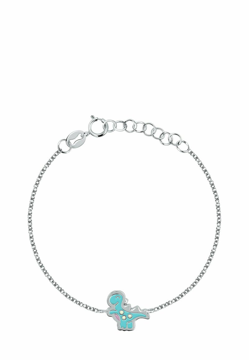 Bracciale in argento con un ciondolo a forma di dinosauro turchese, caratterizzato da accenti rosa e dettagli circolari, che mette in risalto un design giocoso.