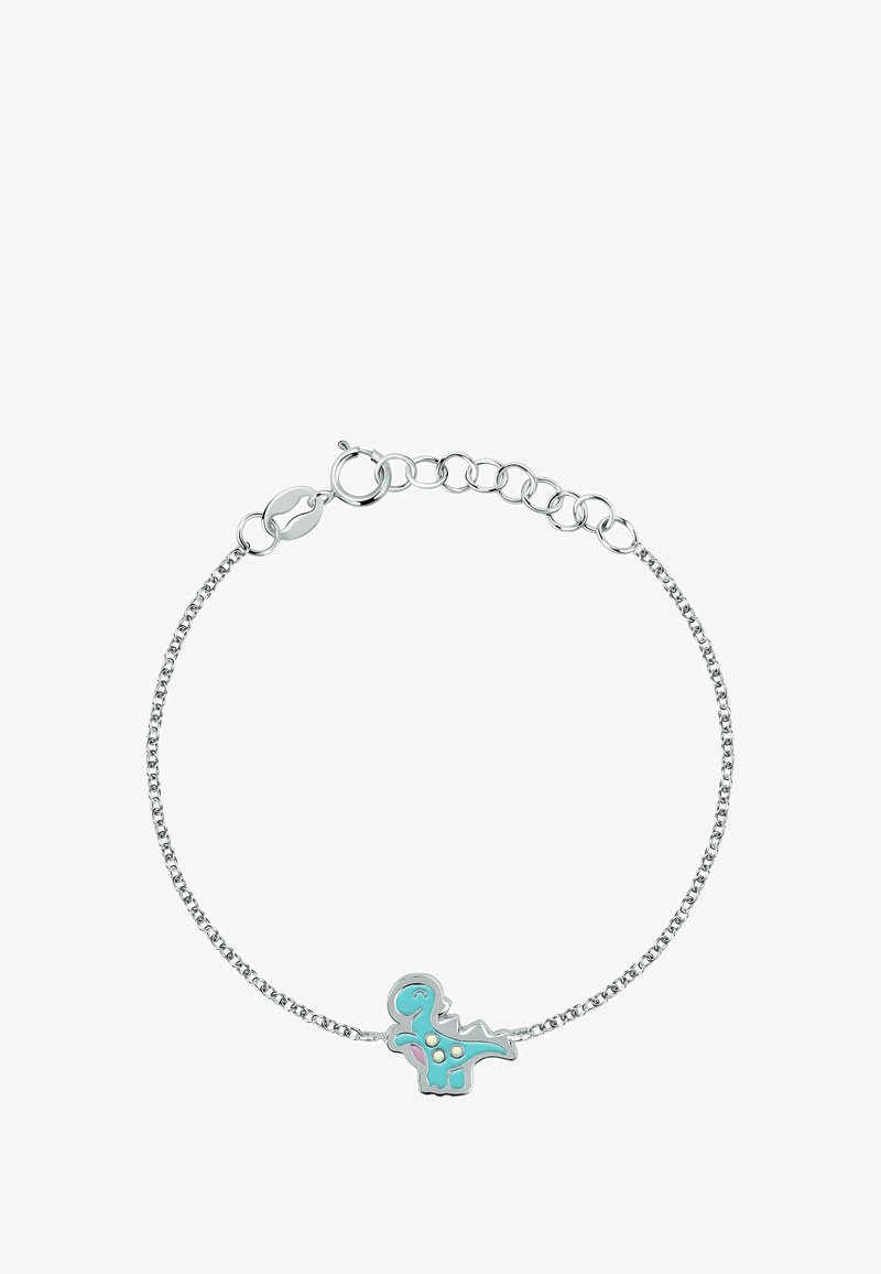Bracciale in argento con un ciondolo a forma di dinosauro turchese, caratterizzato da accenti rosa e dettagli circolari, che mette in risalto un design giocoso.