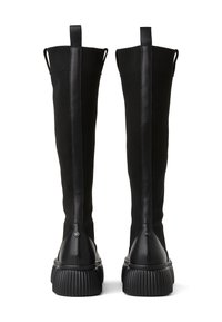 Czarne kozaki do kolan z dzianinową cholewką i gładkimi skórzanymi akcentami, z uchwytami i teksturowanymi gumowymi podeszwami. Elegancki i nowoczesny design.