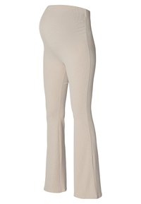 Beige gerippte Schwangerschaftsleggings mit schmalem Bund und ausgestellten Beinen, die vertikale Nähte und eine glatte Oberfläche aufweisen.