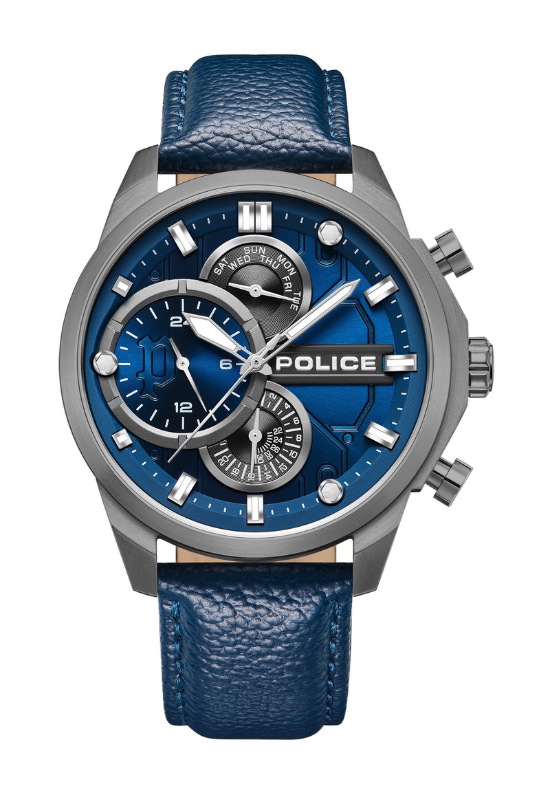 Zils ādas siksniņas pulkstenis ar nerūsējoša tērauda korpusu. Pulcē vērsums ir zila fona, sudraba akcenti, trīs sekundāro ciparnīcu un izteiksmīgi stundu marķieri.