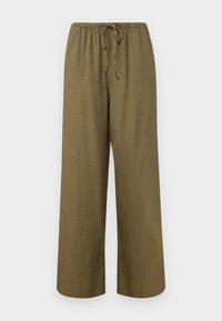 Brede pijpen in olijfgroen. Gemaakt van een lichte stof, met een elastische tailleband en een trekkoord voor een verstelbare pasvorm.