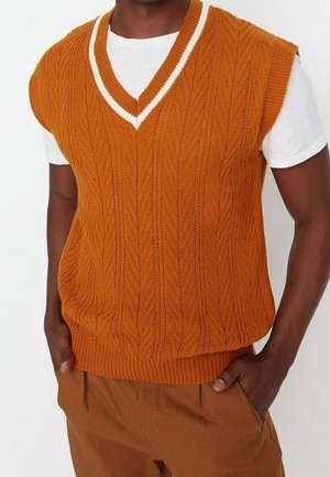 Mann trägt eine rostorangefarbene, kabelgestrickte, ärmellose Pulloverweste mit weiß gestreiftem V-Ausschnitt über einem weißen T-Shirt und braunen Hosen.