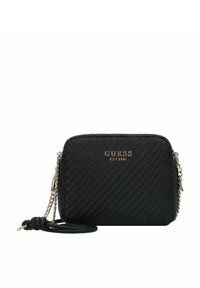 Borsa a tracolla nera intrecciata con forma rettangolare, logo dorato lucido e tracolla a catena con un accento in pelle staccabile.