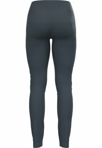 Collants de sport gris foncé avec une texture lisse, un design ajusté et des coutures le long des jambes. Pas de poches ; coupe cheville.