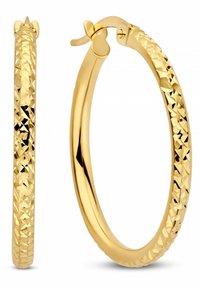 Gold hoop earrings featuring a textured, faceted surface. They have a polished finish with a clasp closure and a circular shape.