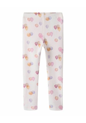 Leggings blancs pour enfants avec un motif de ballons pastel rose, violet, orange et à pois dispersés sur toute la surface.