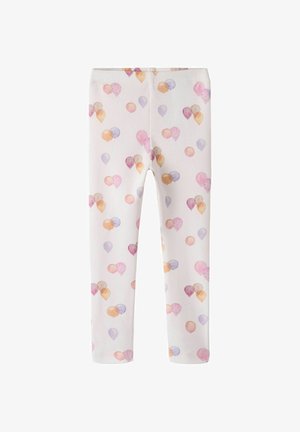 Białe legginsy dziecięce z wzorem pastelowych balonów w kolorach różowym, fioletowym, pomarańczowym oraz w kropki, rozmieszczonych na całej powierzchni.