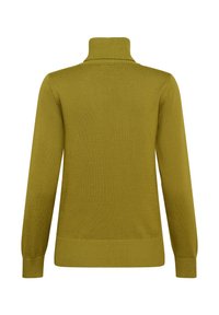 Olivno zeleni pulover s turtleneck ovratnikom, pletena tekstura, dolgi rokavi, rebrast ovratnik in robovi, gladka površina, enostavna zasnova brez vzorcev.