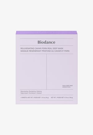 Biodance Rejuvenating Caviar PDRN ansigtsmaske med arkæsker med lilla top, tekst på engelsk og fransk, indeholder 4 ark, nettovægt 34 g.